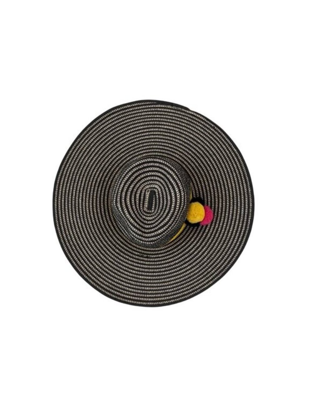 Shiraleah "Belize" Striped Black & Beige Sun Hat With Yellow Band & Pom-Poms
